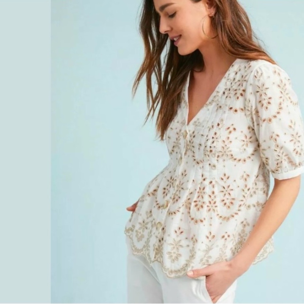 Anthropologie Featherbone Medina White Tan Eyelet Blouse